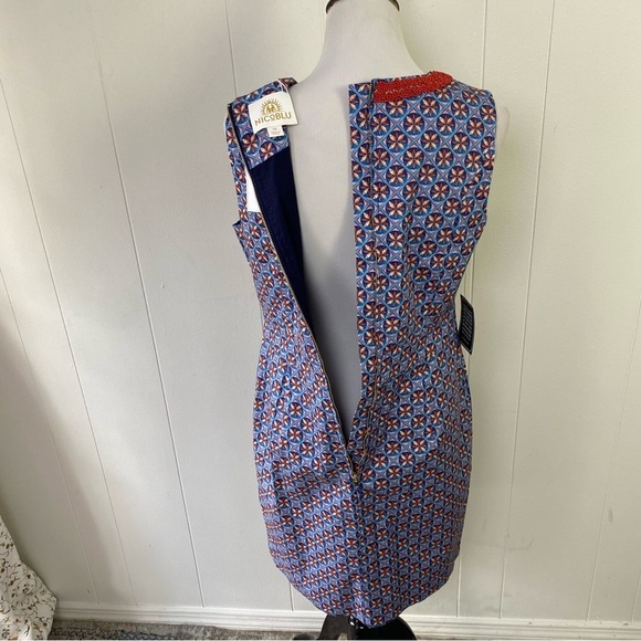 NicoBlu Coralie Sheath Dress Beaded Neckline Size 10 Shell Print Blue NEW $298 - Picture 12 of 16